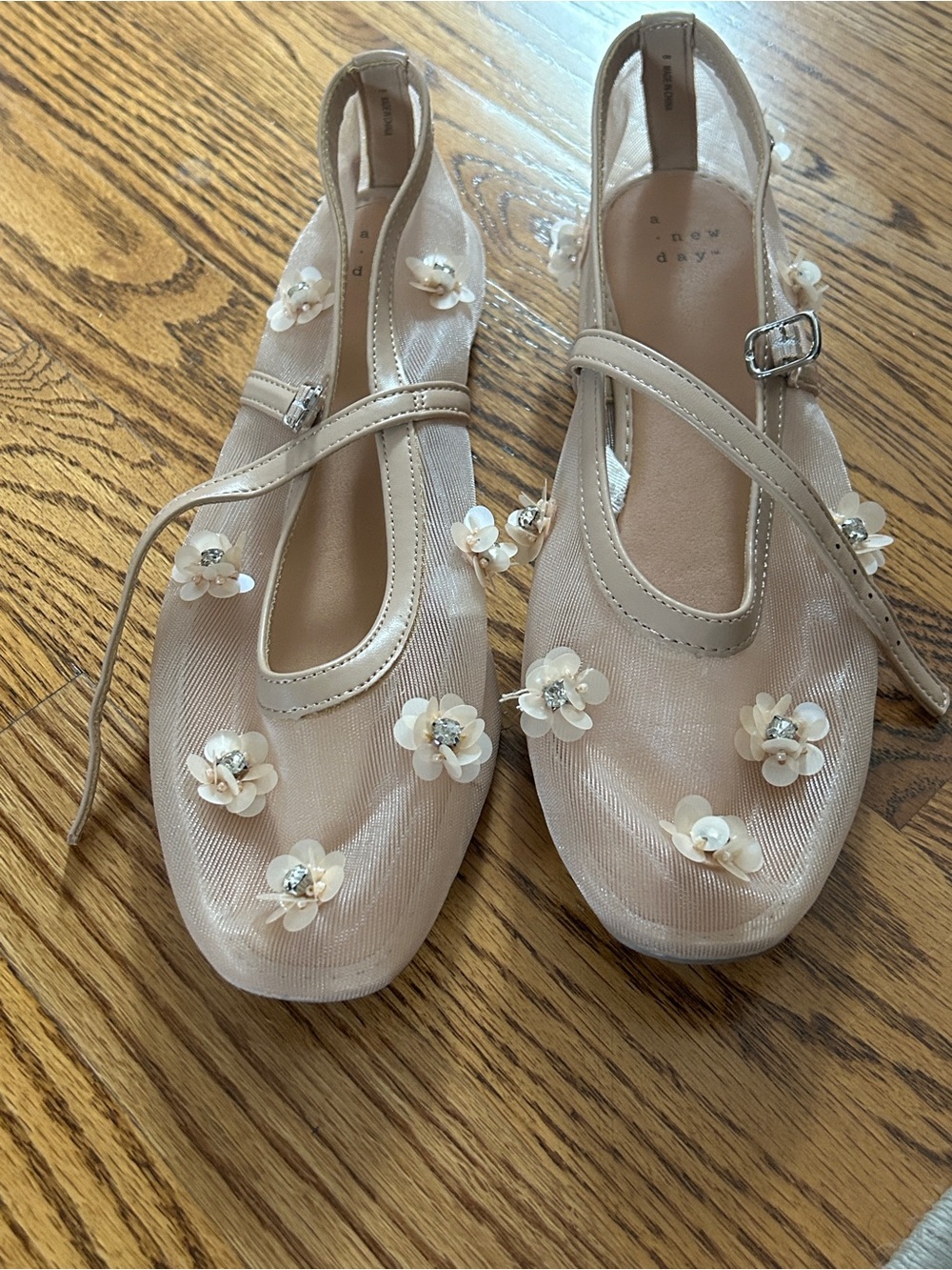 a new day Nude Floral Mesh Mary Jane Flats with Crystal Accents